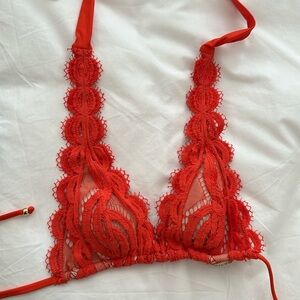 Orange lace Pilyq halter bikini top. S
